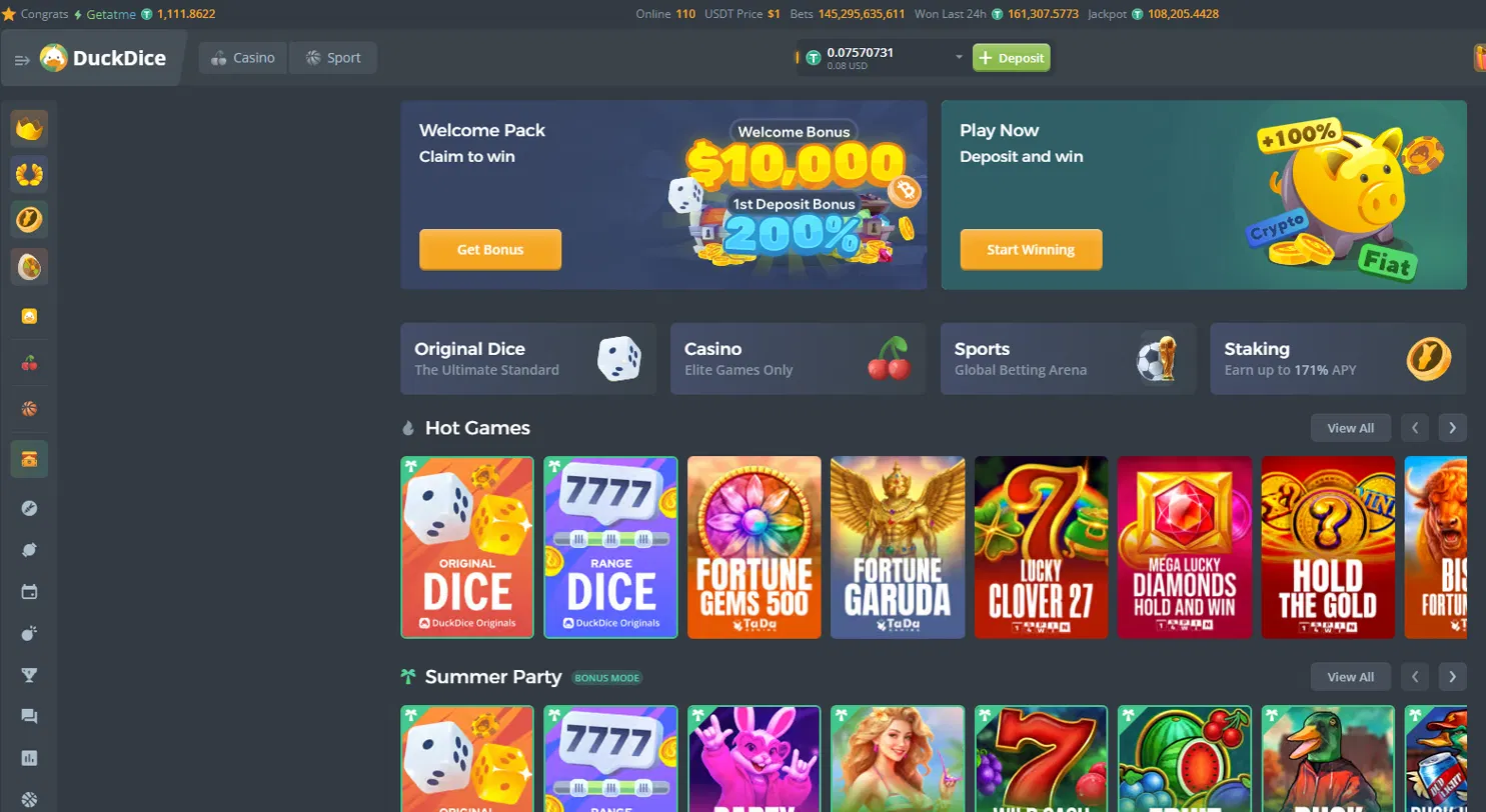 DuckDice casino homepage overview