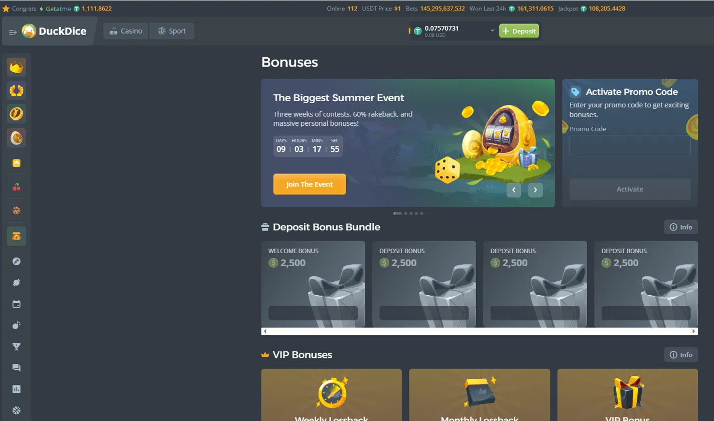 DuckDice slots library and game selection